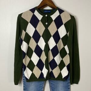 Karen Scott Green/Navy/Tan Argyle Crewneck Cardigan Size M